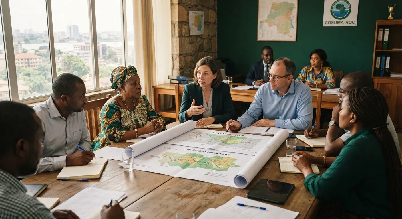 Réunion de travail entre ingénieurs, responsables communautaires et experts du développement à Kinshasa.