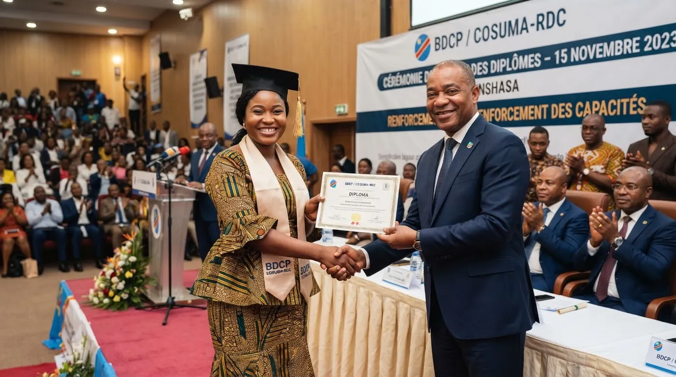 Cérémonie de remise de diplômes à des professionnels du développement à Kinshasa.