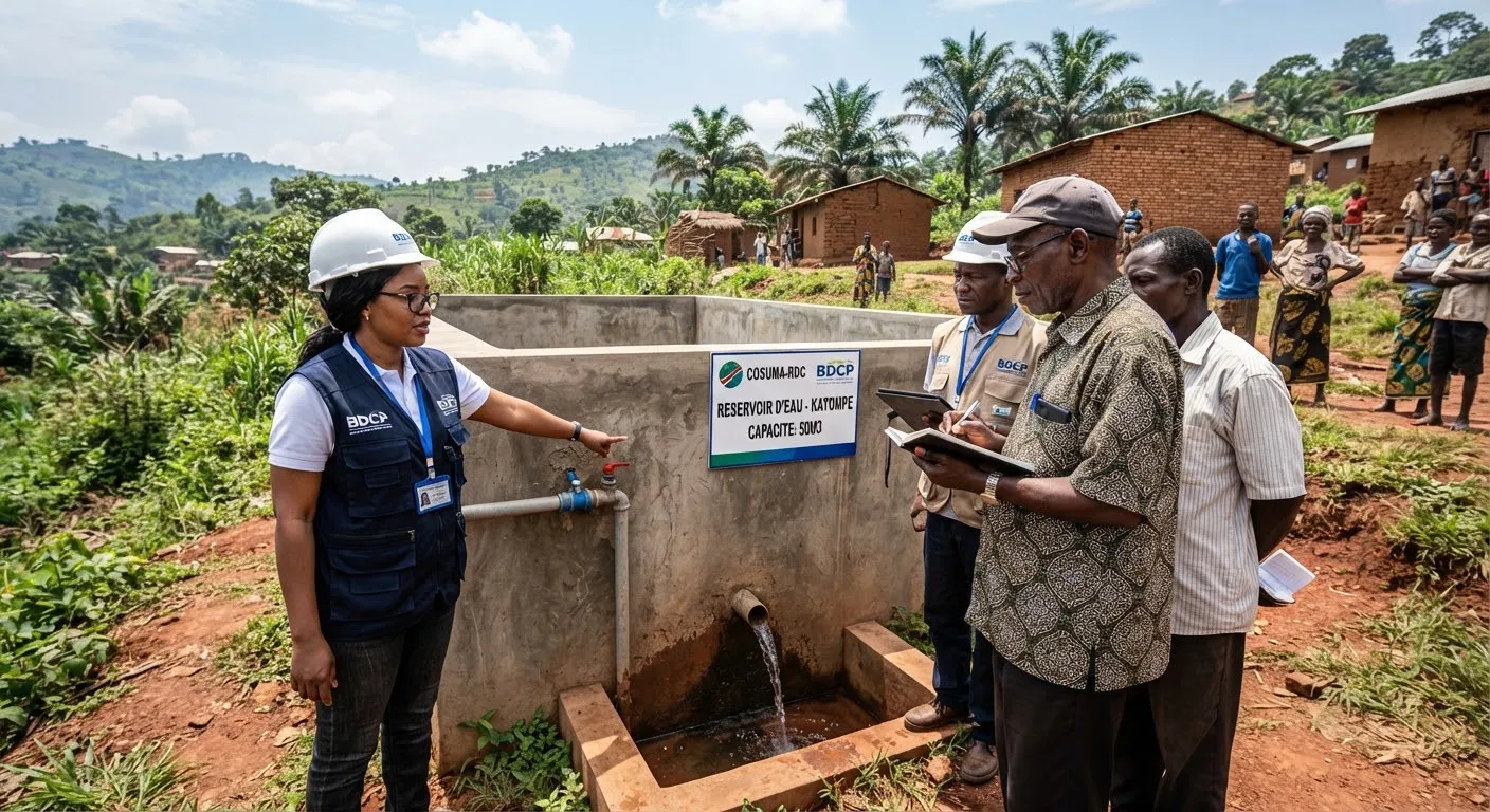 Ingénieurs évaluant un réservoir d'eau avec des responsables communautaires.