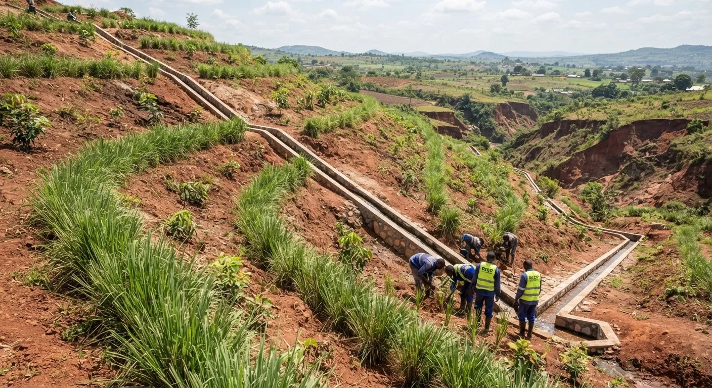 Travaux antiérosifs au Kasaï Central avec diguettes de vétiver et canaux de drainage maçonnés.