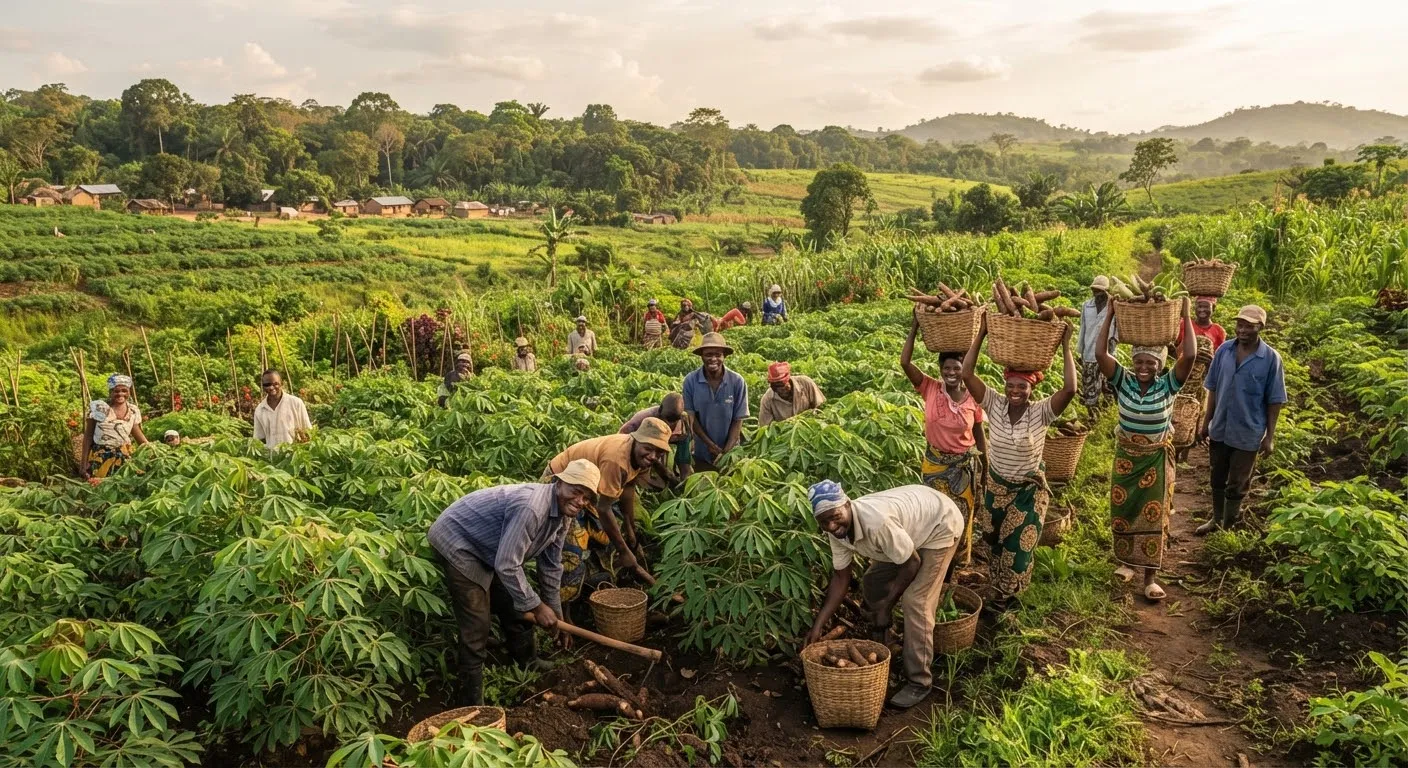 Champs de manioc et de légumes cultivés par des membres de coopératives agricoles en RDC.