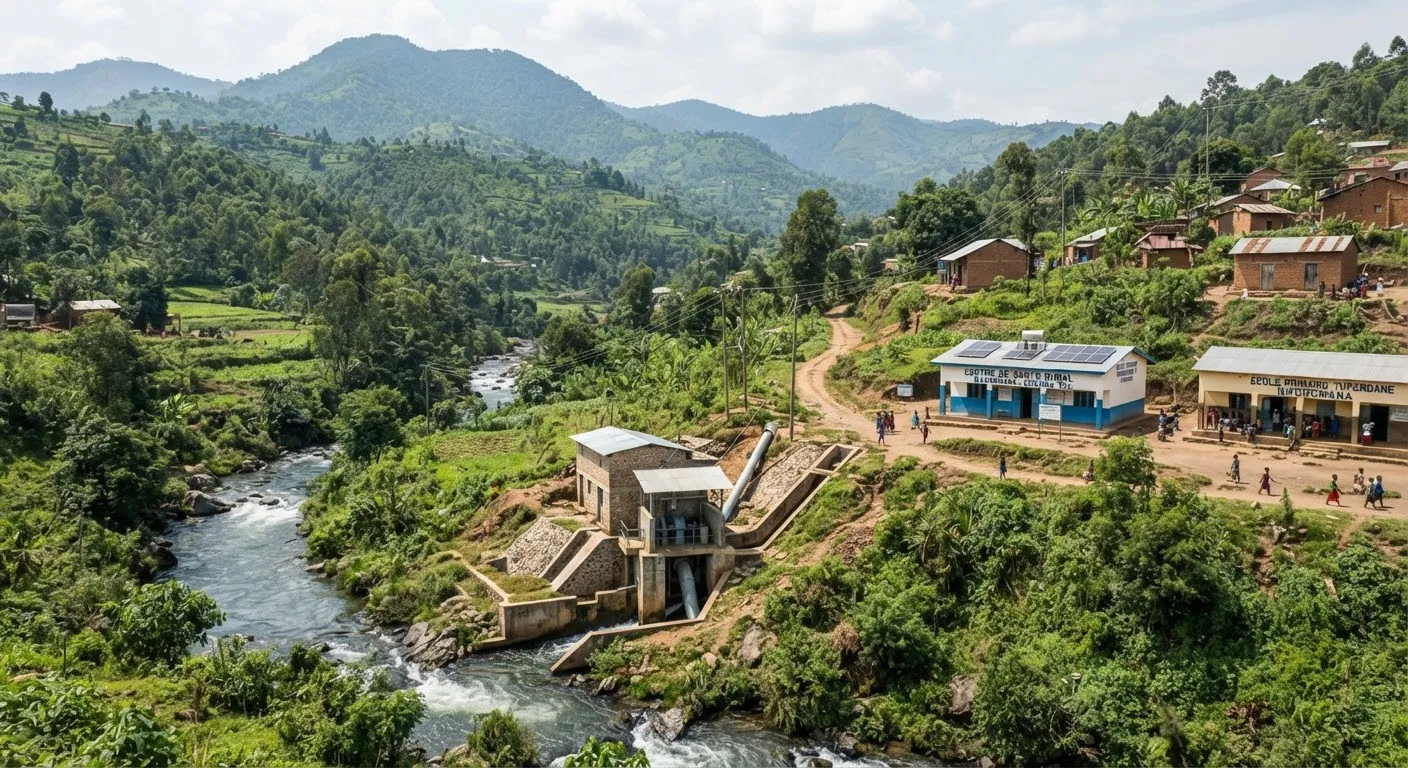 Petite centrale hydroélectrique au fil de l'eau dans les collines verdoyantes du Nord-Kivu.