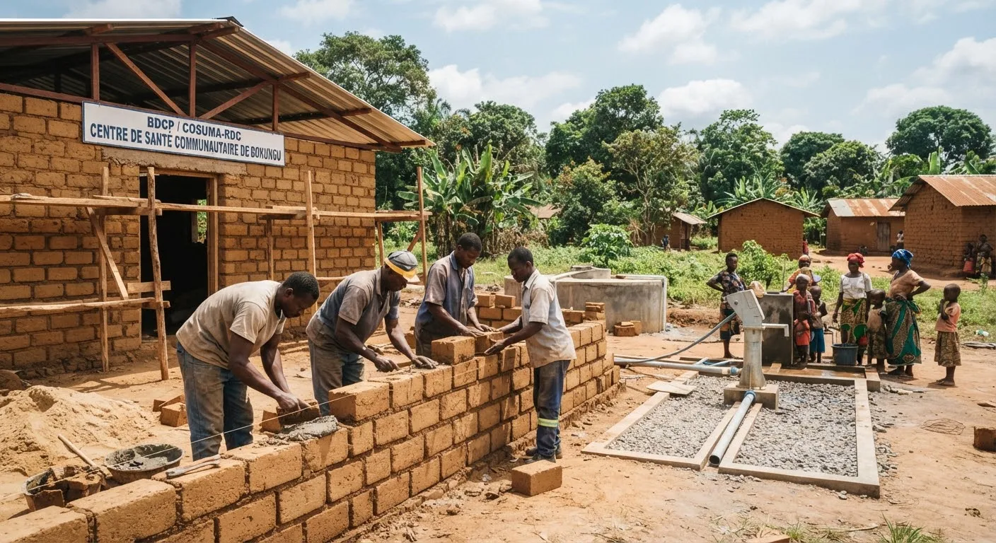 Maçons locaux construisant un ouvrage communautaire en briques de terre stabilisée.