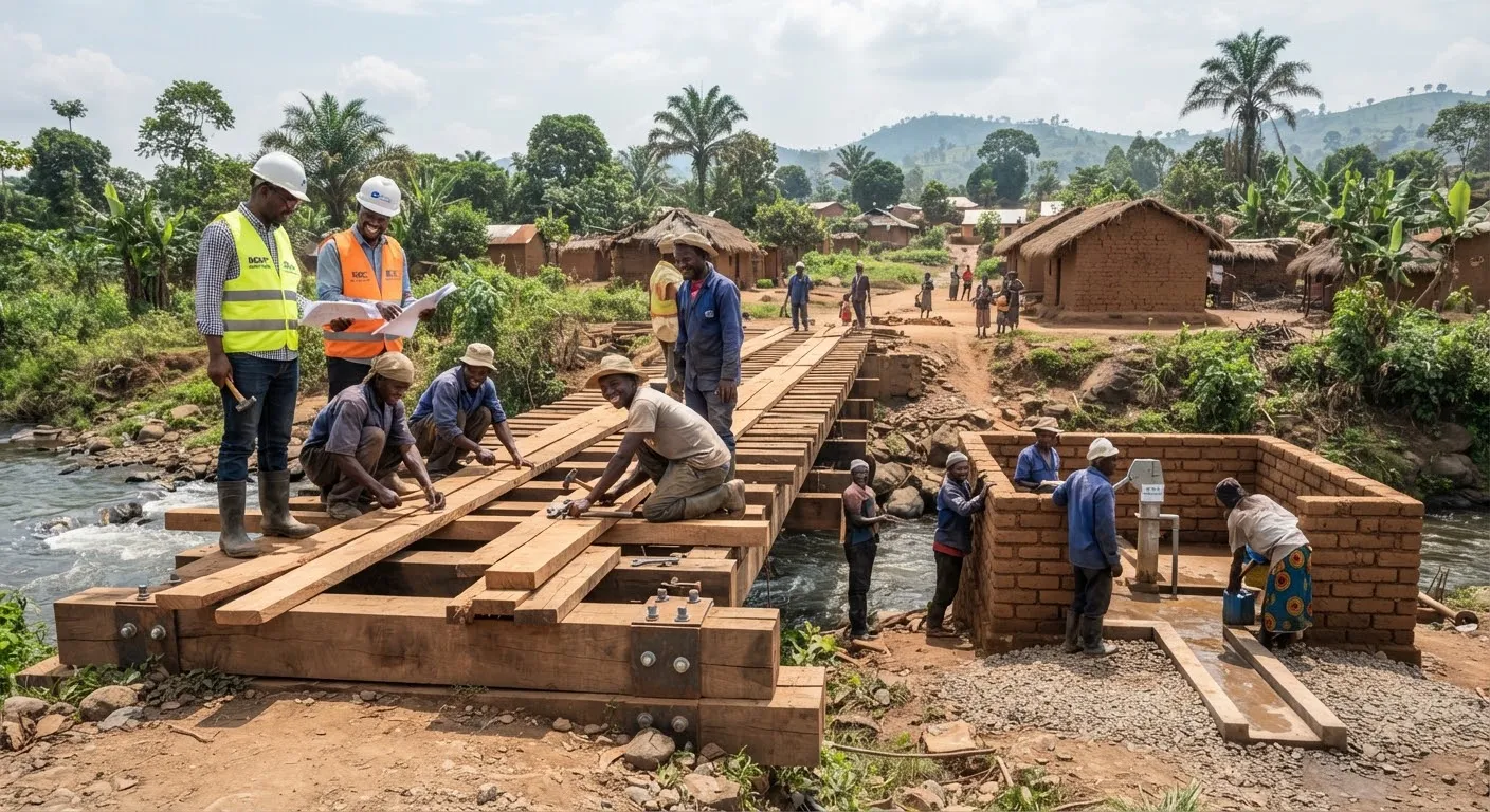 Ingénieurs et ouvriers locaux réhabilitant un pont modulaire et un point d'eau potable en RDC.
