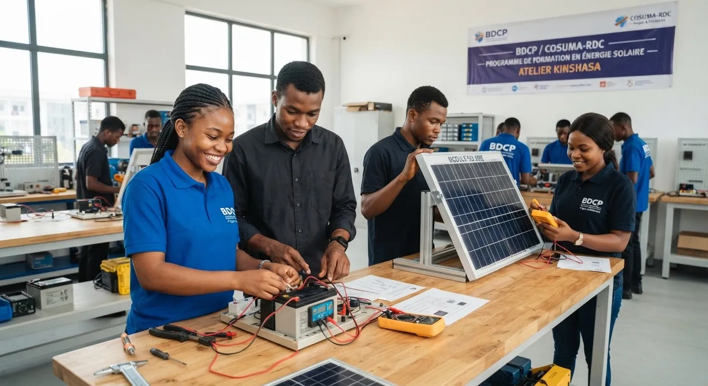 Jeunes apprenants congolais manipulant des panneaux solaires dans un atelier de formation à Kinshasa.